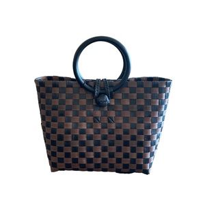 Handmade woven tote bag small brown round handle